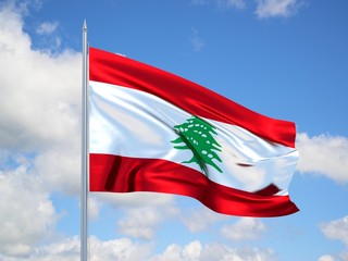 Lebanon 3d flag floating in the wind in blue sky