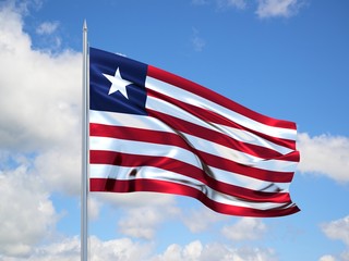 Liberia 3d flag floating in the wind in blue sky