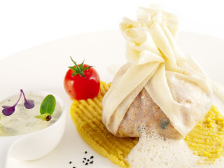 couscous-stuffed dumpling with mashed chickpeas