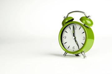 Five o'clock. Green classic clock on white background.