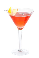 red alcohol cosmopolitan cocktail decorated with citrus lemon in