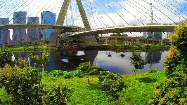 Aerial View: Octavio Frias de Oliveira bridge, Sao Paulo, Brazil