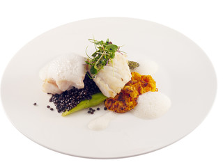 fried cod fish, lentils, asparagus & sweet potatoes