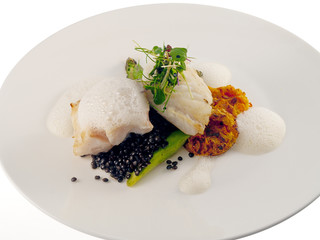 fried cod, lentils, asparagus & sweet potato cakes