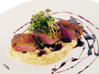 saddle of lamb with goat cheese, beans & polenta
