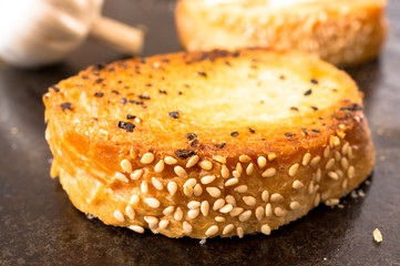 Tapas grilled baguette closeup