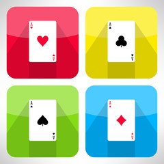 Bright playing cards ace icons set in modern flat design. Card