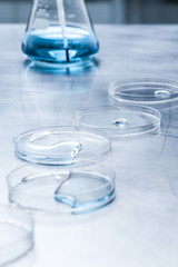 Petri dish, Erlenmeyer flask, blue liquid