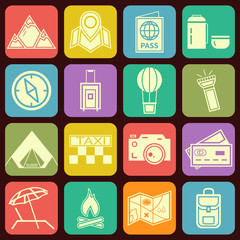 Modern flat traveling and camping icons vector collection in