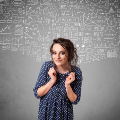 Young pretty lady with hand drawn calculations and icons