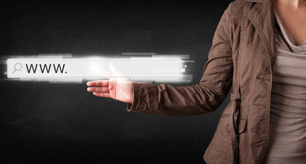 Young businesswoman touching web browser address bar with www si