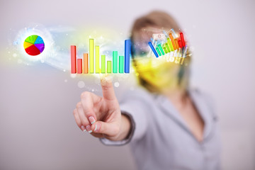 Young businesswoman touching colorful modern graph system concep