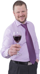 Businessman holding glass of wine on white background