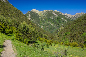 Trail in mountains in national park Aiguestortes in Catalonia