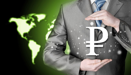 businessman protecting ruble  symbol
