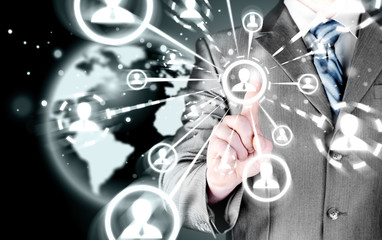 man hand pressing social media icon