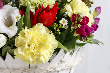 Bouquet of freesias, carnations and tulips
