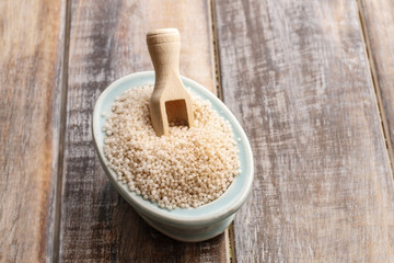 Sea salt in ceramic bowl, copy space