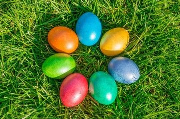 Fototapeta na wymiar Colorful Easter eggs on a green grass