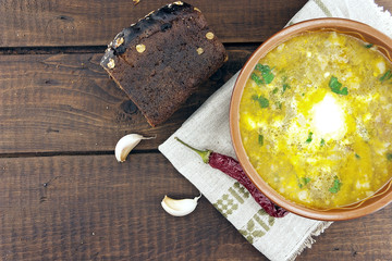 National ukrainian and russian soup borsch with sour cream in ce