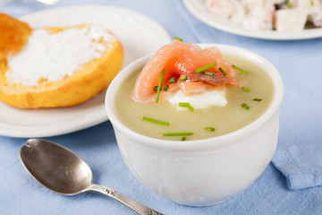 Bowl of creamy leek soup with smoked salmon
