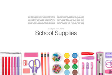 school supplies on white background top view