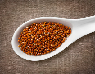 Millet seeds in a wooden spoon on sackcloth background