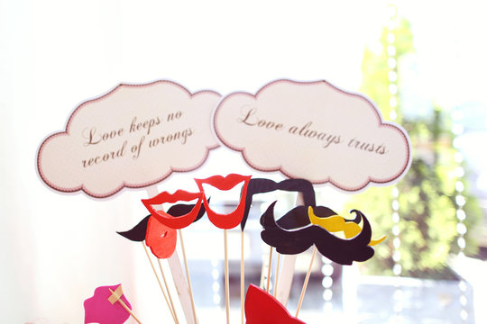 Retro wedding set on table with qoutes about love