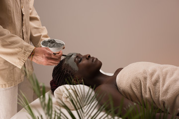 Professional beautician applying mud mask