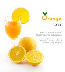 Orange juice and slice isolated on white with sample text