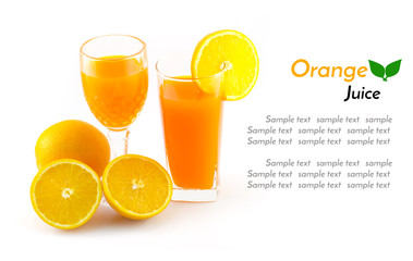Orange juice and slice isolated on white with sample text