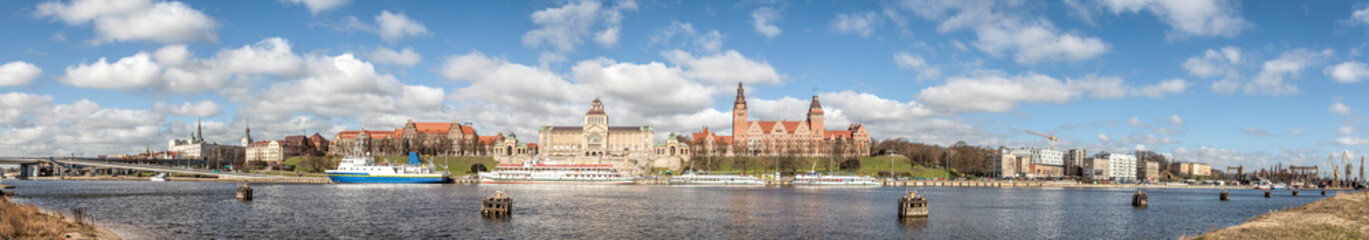 Panoramic view of Szczecin city waterfront by the Odra River, Poland.