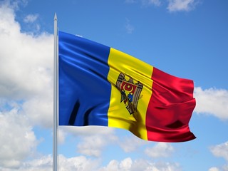 Moldova 3d flag floating in the wind in blue sky