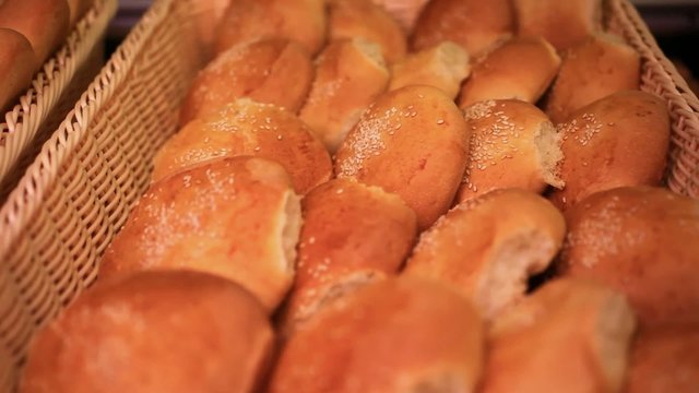 Supermarket. Bread showcase. Close up. HD. 1920x1080