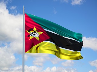 mozambique 3d flag floating in the wind in blue sky