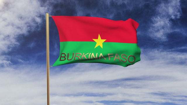 Burkina Faso flag with title waving in the wind. Looping sun