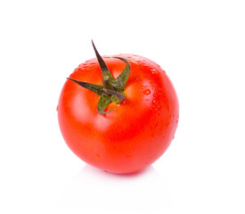 Fresh red tomato with green stem on white background