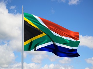 South Africa 3d flag floating in the wind in blue sky