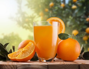 Glass of orange juice and fruits  and trees background