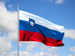 Slovenia 3d flag floating in the wind in blue sky