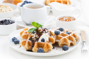 waffles with fresh blueberries, cream and chocolate sauce