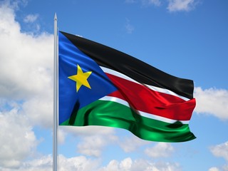 SouthSudan 3d flag floating in the wind in blue sky