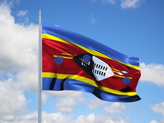 Swaziland 3d flag floating in the wind in blue sky