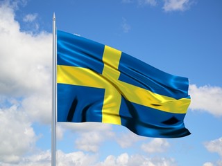 sweden 3d flag floating in the wind in blue sky