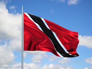 Trinidad and Tobago 3d flag floating in the wind in blue sky