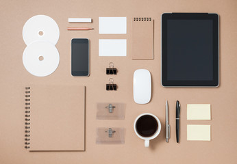 Mock up template of stationary and electronic tools in every day