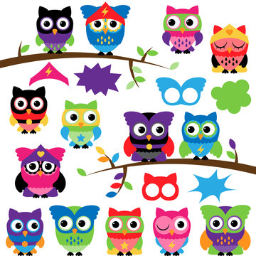 Vector Set of Superhero Owls with Branches and Speech Bubbles