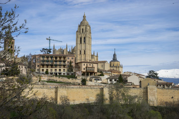Cathedral, aerial views of the Spanish city of Segovia. Ancient