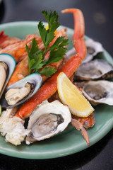 oysters and crab claw on a plate