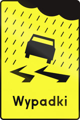 Polish road warning sign: Hazard of accident due to water. Wypadki means accidents